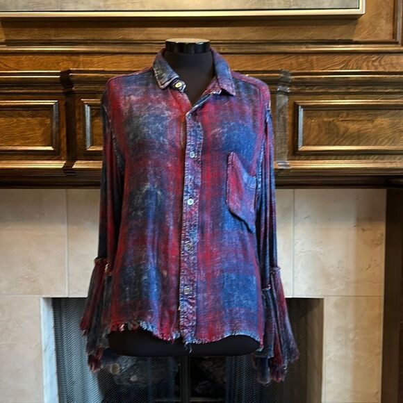 VINTAGE HAVANA blue and red plaid cropped button down w/fringe bell sleeves. - Picture 1 of 9